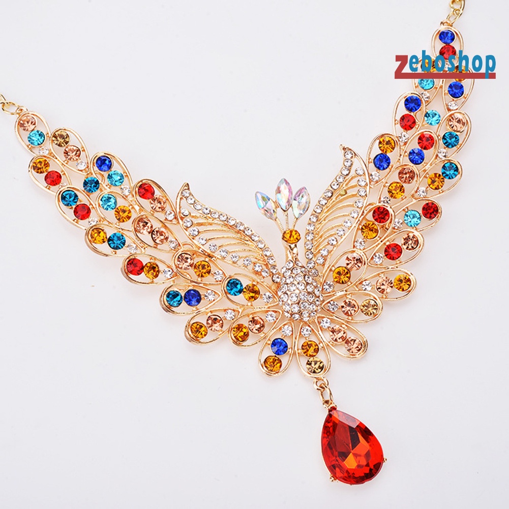 Bộ Vòng cổ + Bông Tai Hình Chim Công Rỗng Đính Đá Nhiều Màu Cổ Điển