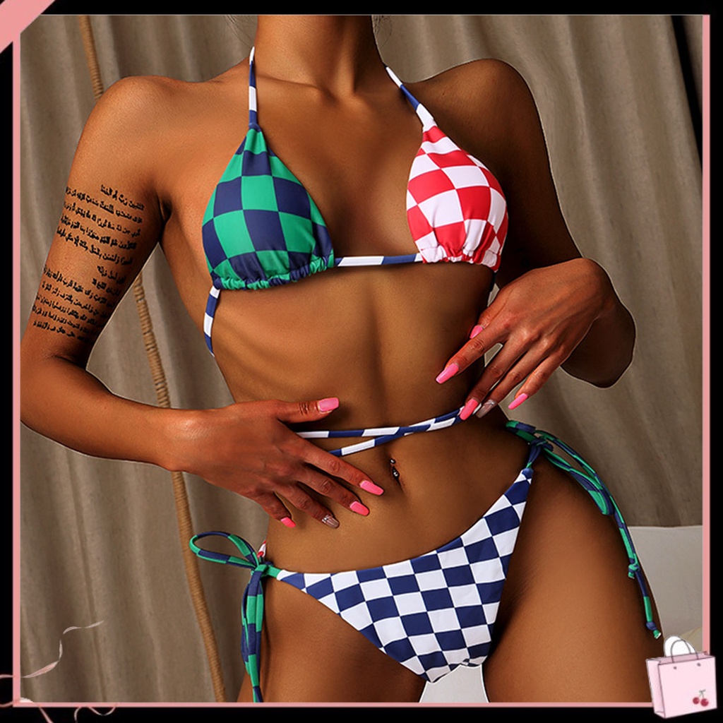 {Soltweter} Bộ Đồ Bơi Bikini Không Dây Hai Mảnh Buộc Dây Màu Sắc Tương Phản Dành Cho Nữ