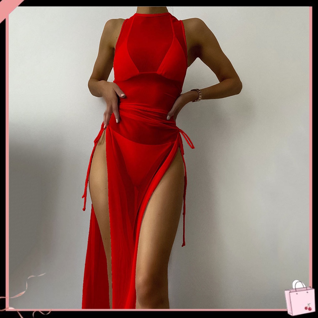 Bộ Đồ Bơi Bikini 3 Món Gồm Áo Khoác Ngoài Không Tay + Đầm Lưới Chống Nắng + Áo Lót Kiểu Thể Thao