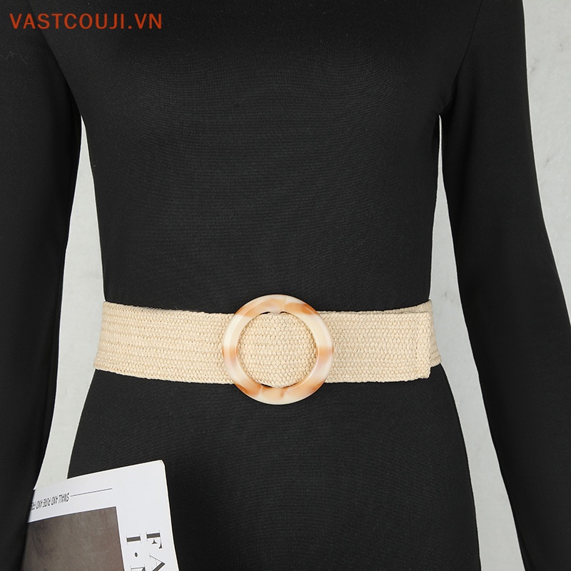 1 Thắt Lưng Bện Sợi Rơm Mỏng Mặt Tròn / Vuông Cổ Điển Cho Nữ