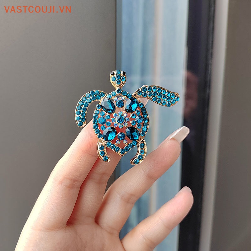 Ghim Cài Áo Hình Rùa Biển Đính Đá Pha Lê Xanh Dương Phong Cách Vintage Cho Nữ