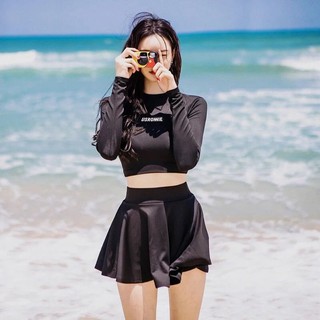 Bikini đi biển 2 mảnh áo váy kín đáo có mút có size- đồ bơi nữ tay dài váy xòe aa7501