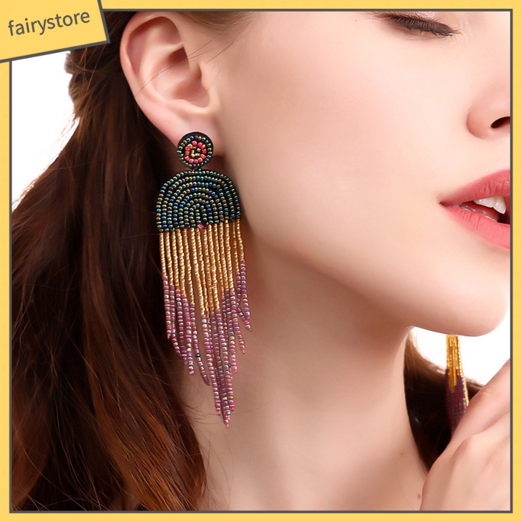 1 Đôi Bông Tai Xỏ Hạt Nhiều Màu Sắc Tua Rua Phong Cách Cổ Điển