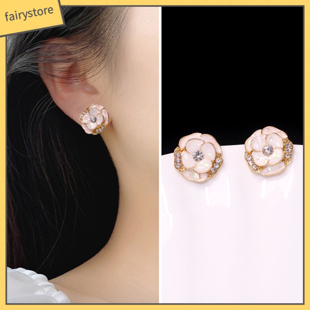 1 Đôi Bông Tai Hình Hoa Tráng Men Đính Đá Thời Trang