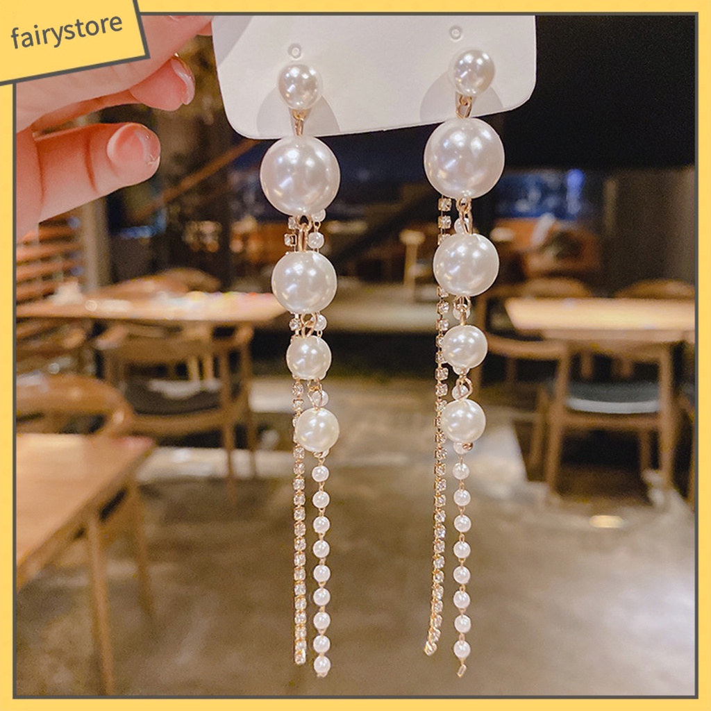 [FRO] 1 Đôi Bông Tai Dạng Tua Rua Dài Đính Đá Giả Ngọc Trai Lấp Lánh