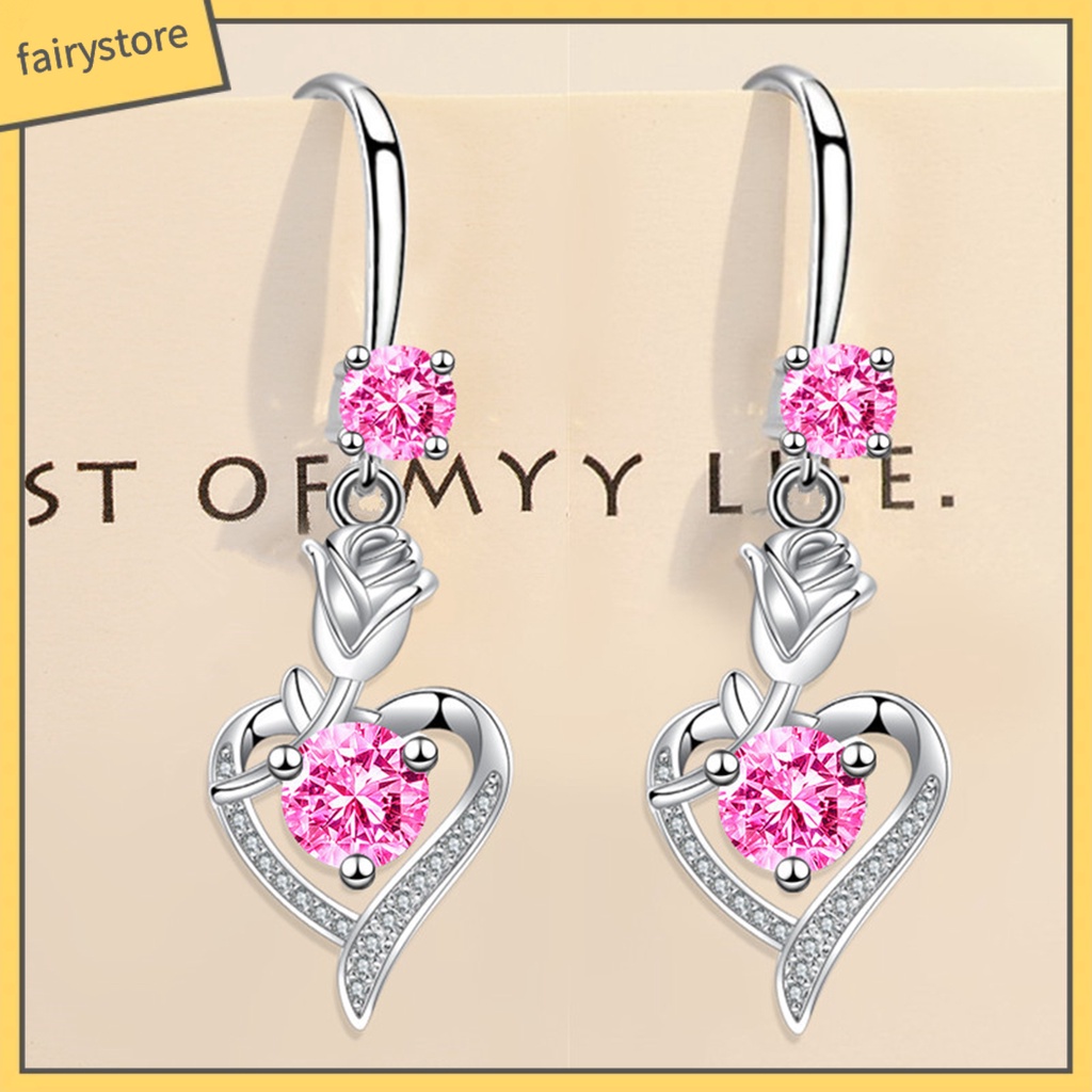 1 Đôi Bông Tai Tròn Đính Đá Zircon Hình Hoa Hồng Không Gây Dị Ứng Thời Trang