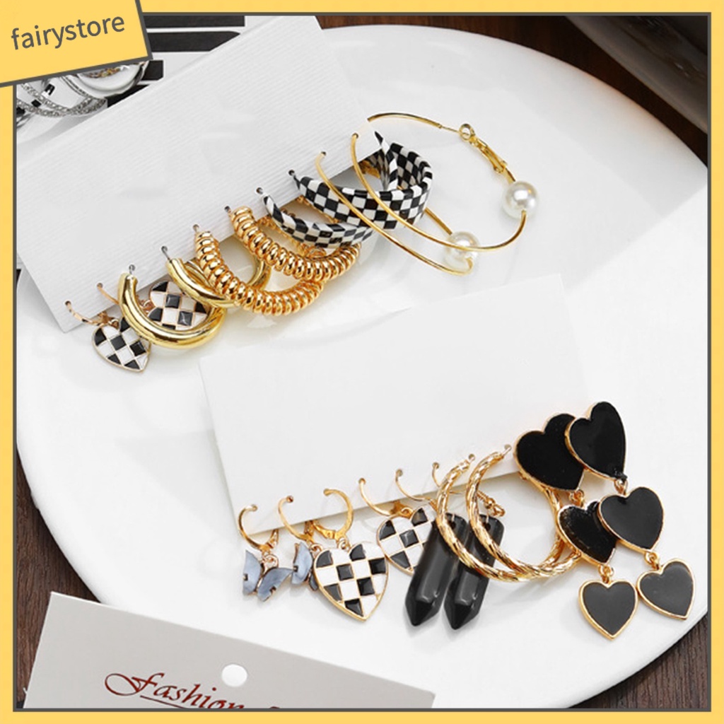 Set 5 Đôi Bông Tai Dạng Vòng Hình Học Họa Tiết Kẻ Ô / Trái Tim / Bướm / Ngọc Trai Giả Màu Trắng Đen Thời Trang Cho