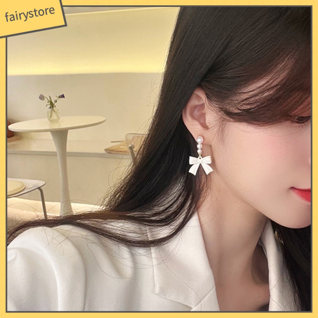 1 Đôi Bông Tai Hình Nơ Đính Ngọc Trai Nhân Tạo Phong Cách Hàn Quốc