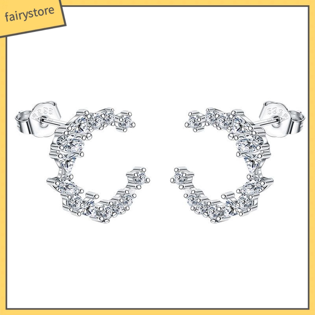 1 Đôi Bông Tai Bạc 925 Hình Mặt Trăng Đính Đá Zircon