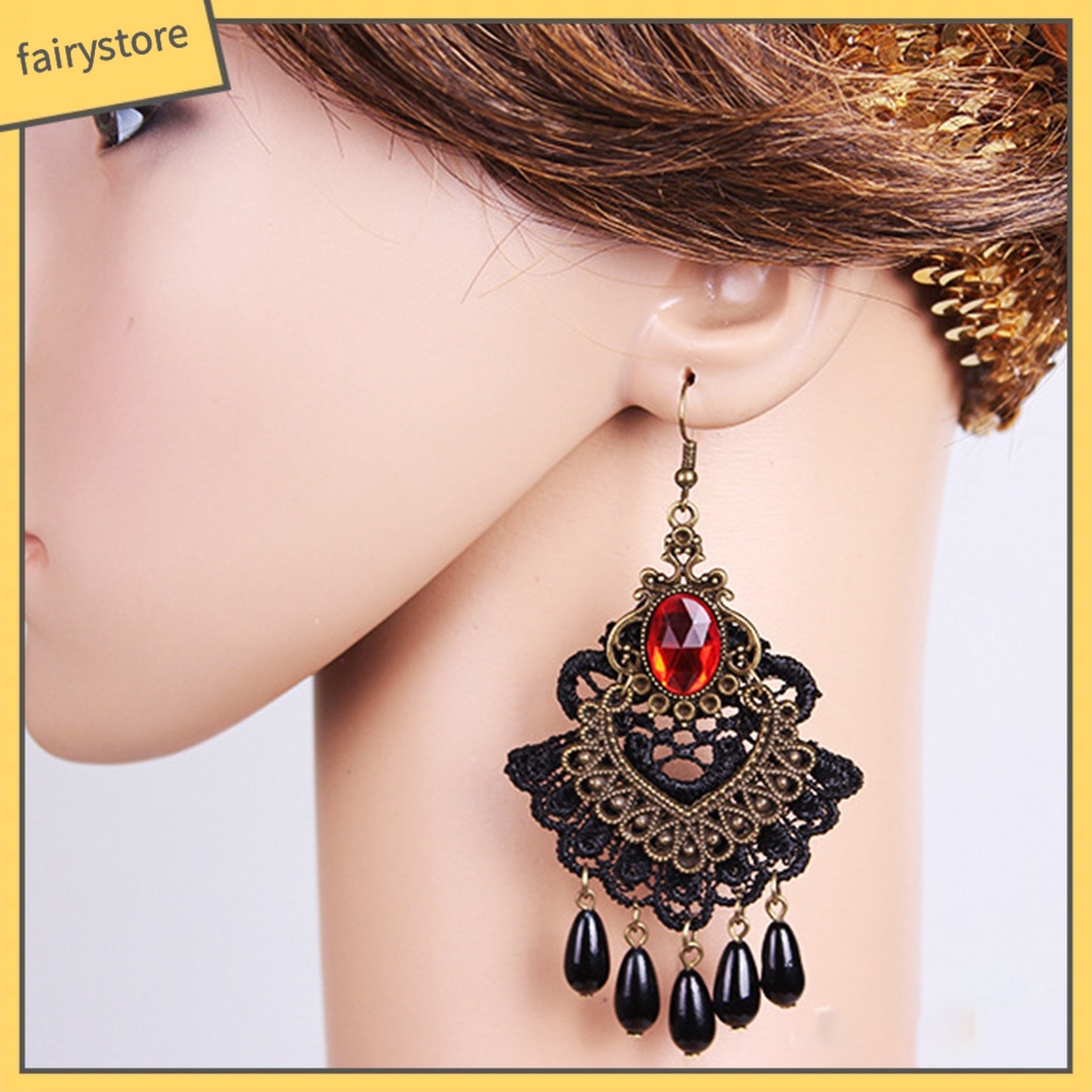 1 Đôi Bông Tai Ren Rỗng Đính Đá Tua Rua Phong Cách Halloween