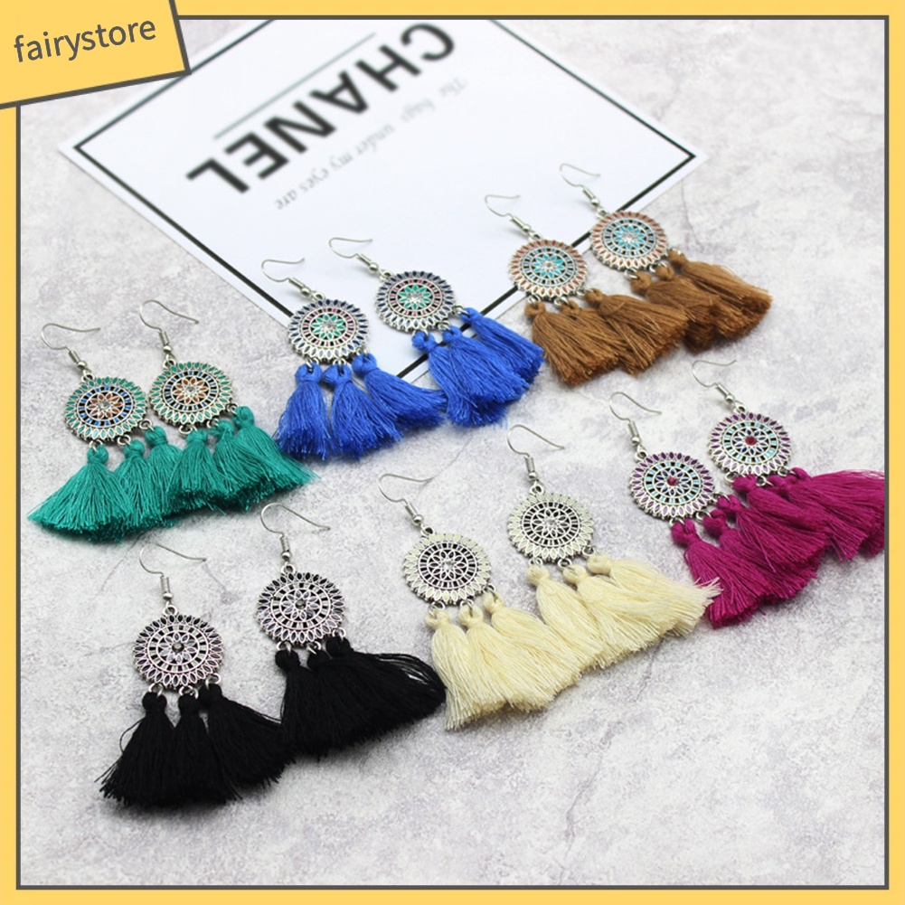 Bông Tai Hình Hoa Hướng Dương Phối Tua Rua Phong Cách Boho Thời Trang