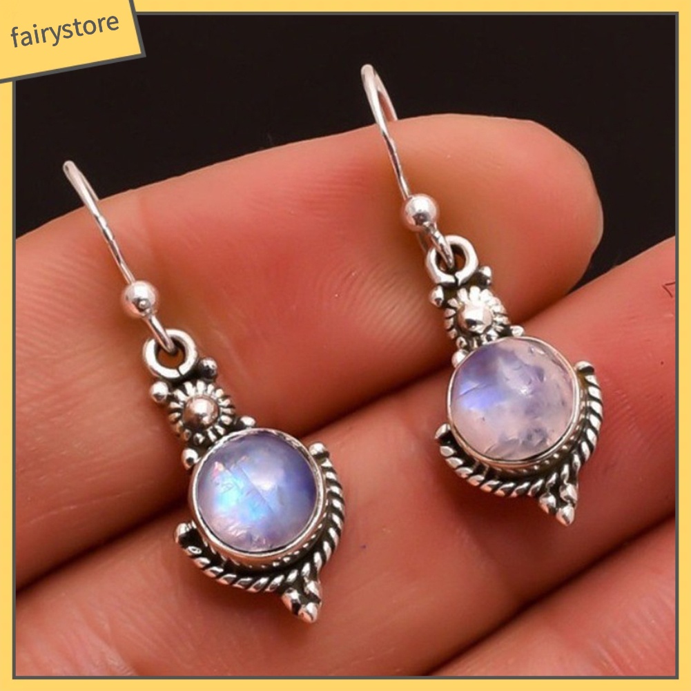 Bông Tai Móc Dáng Dài Đính Đá Mặt Trăng Màu Sắc Cầu Vồng Phong Cách Vintage