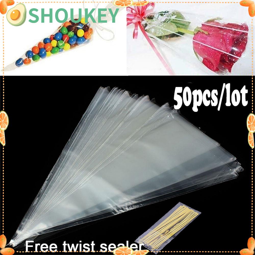 Set 50 Túi Bóng Kính Trong Suốt Đựng Kẹo / Socola / Hoa Kèm Dây Buộc Xoắn Trang Trí Tiệc Cưới / Giáng Sinh