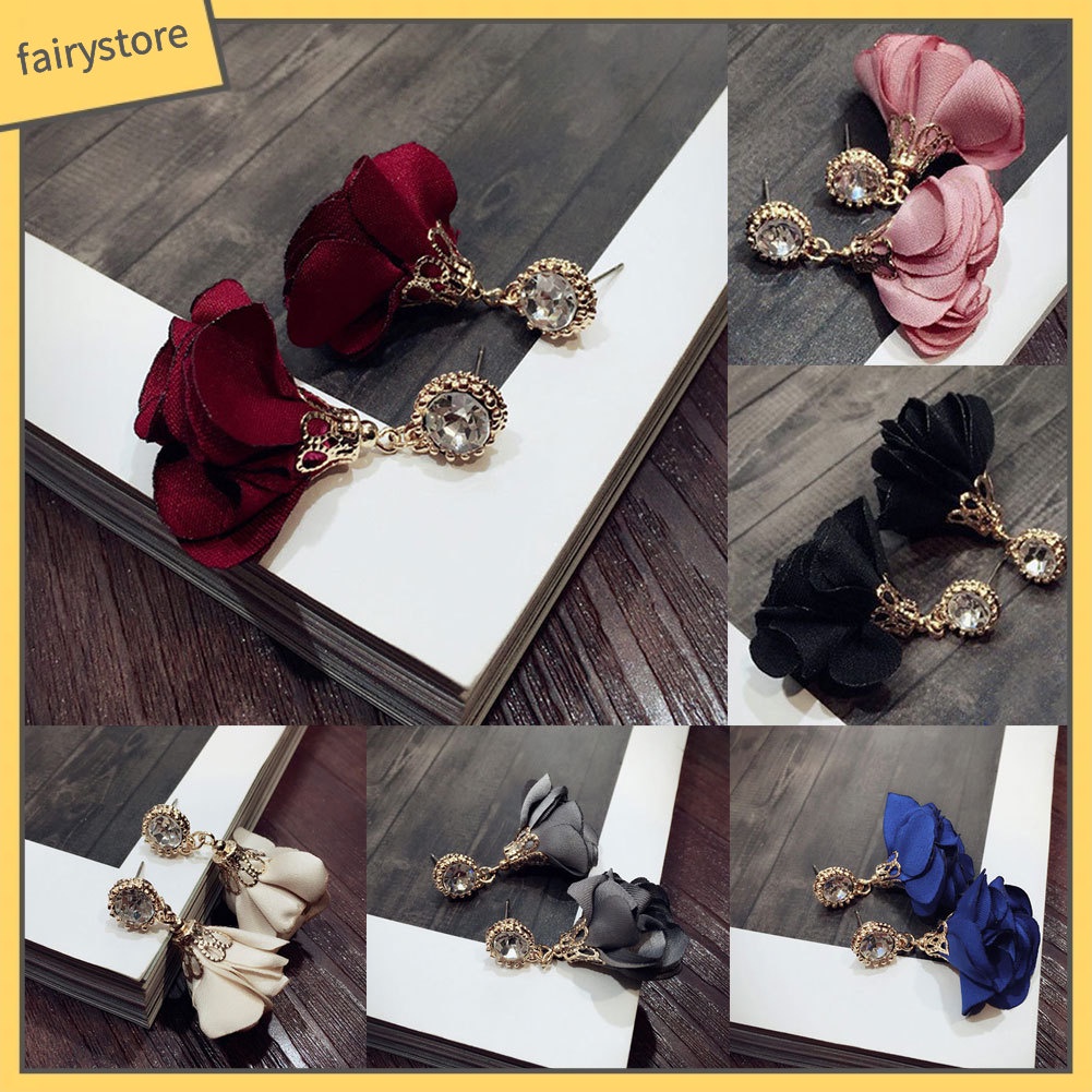 Bông Tai Dáng Dài Hình Cánh Hoa Đính Đá Thời Trang Cho Nữ