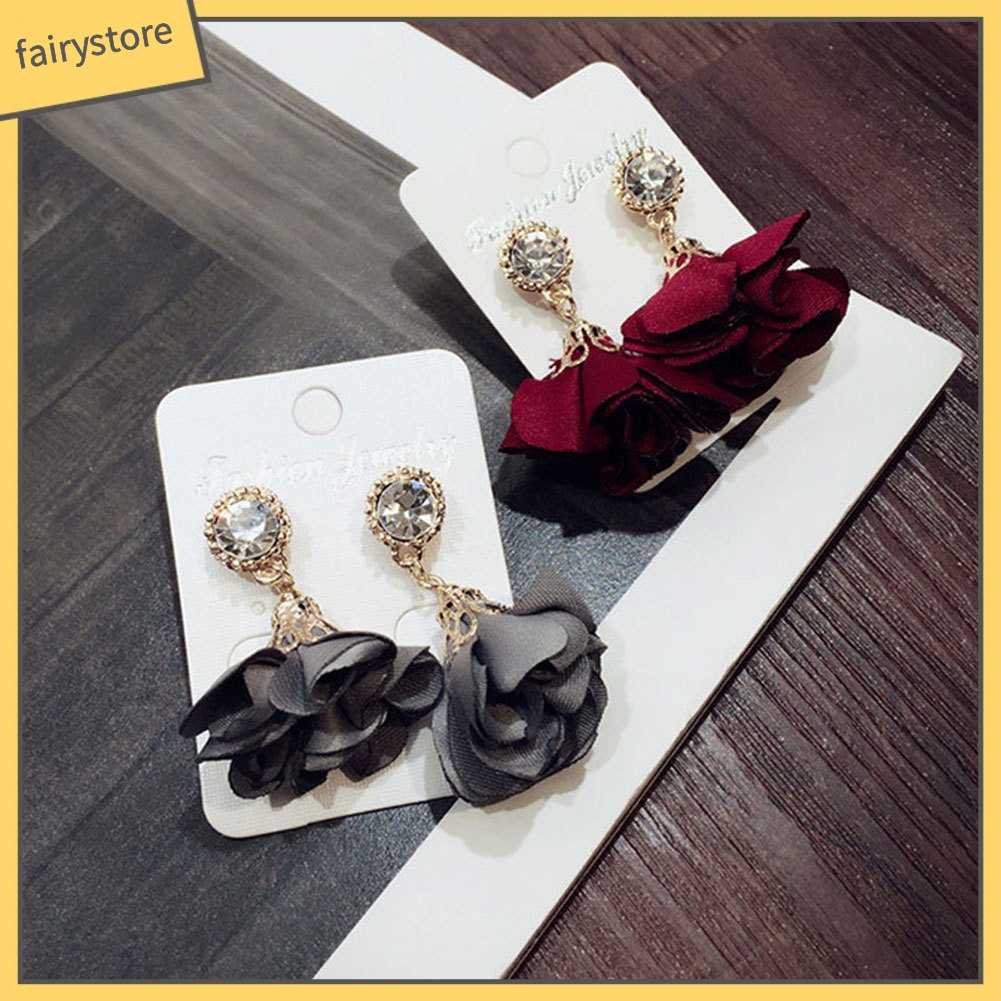 Bông Tai Dáng Dài Hình Cánh Hoa Đính Đá Thời Trang Cho Nữ