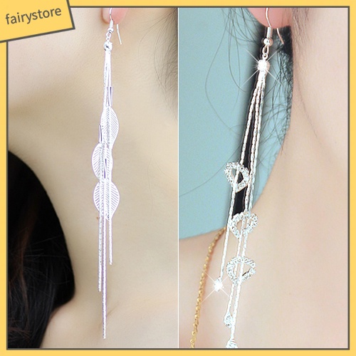 [FRO] Bông Tai Móc Dáng Dài Tua Rua Đính Đá Hình Trái Tim Lá Sang Trọng Cho Nữ