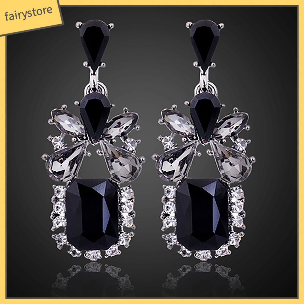 Bông Tai Hình Khối Vuông / Giọt Nước Đính Đá Zircon Màu Đen Phong Cách Vintage Dành Cho Nữ