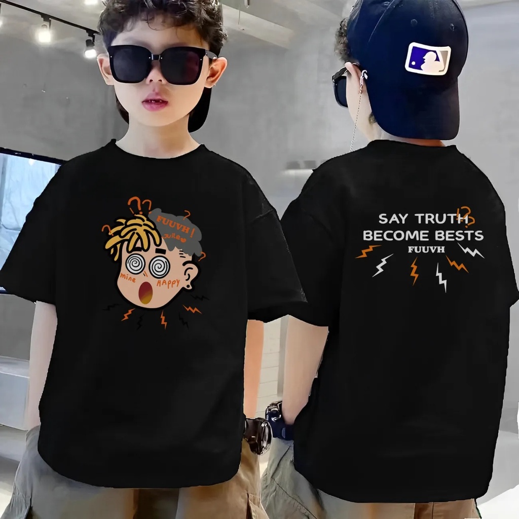 Áo Thun 100% Cotton Tay Ngắn Cổ Tròn Dáng Rộng In Hình Thời Trang Cho Bé 2-14 Tuổi