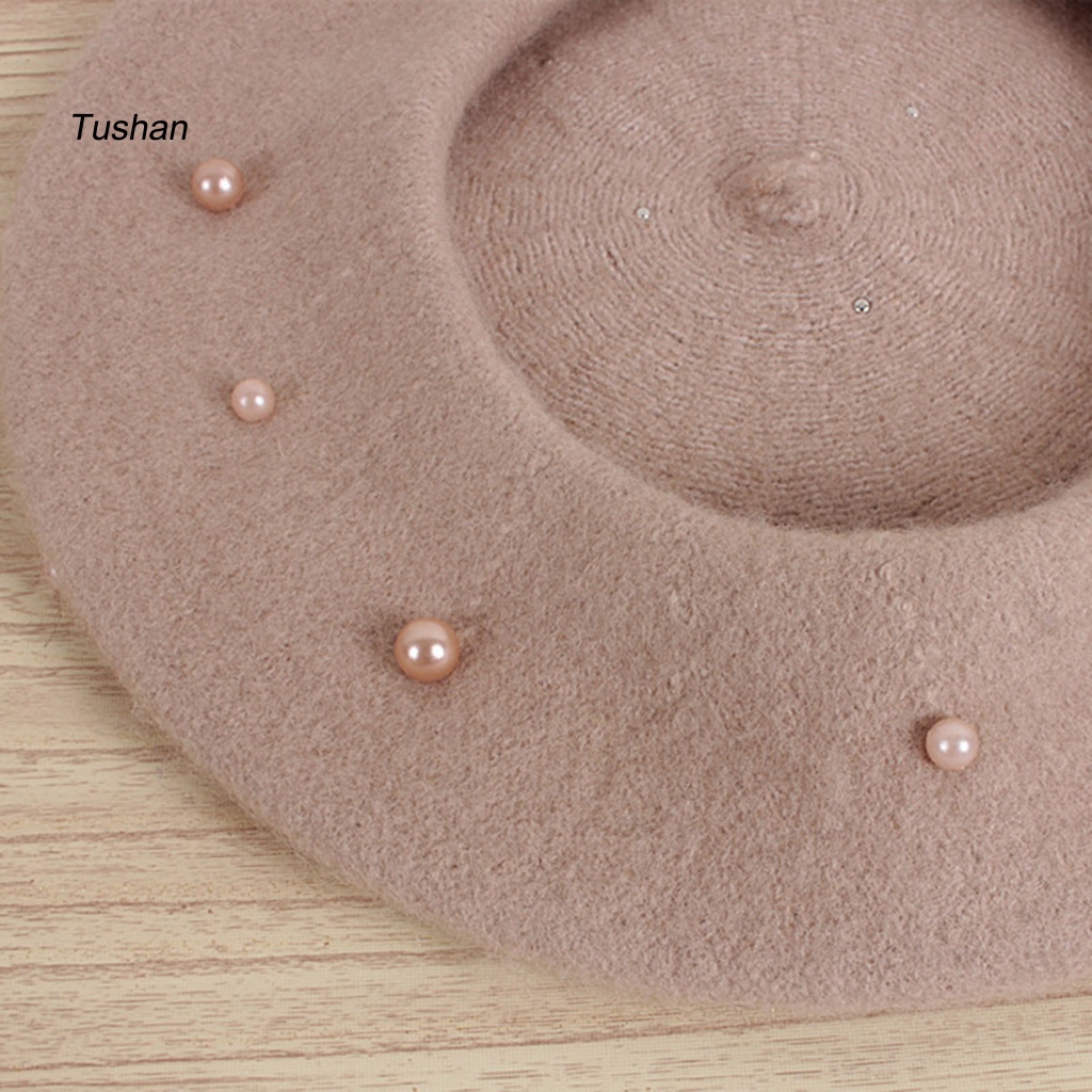 Mũ Beanie Đính Ngọc Trai Nhân Tạo Màu Trơn Mềm Mại Giữ Ấm Mùa Đông Cho Bé