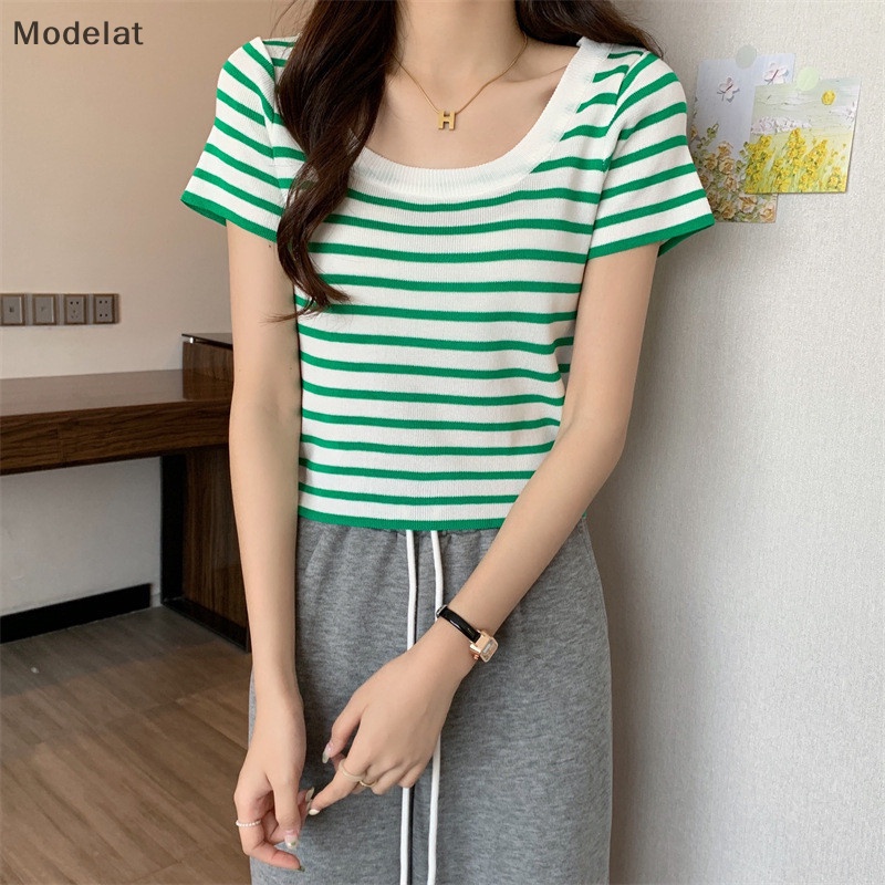 Áo Croptop Dệt Kim Tay Ngắn Cổ Vuông Họa Tiết Kẻ Sọc Thời Trang Mùa Hè Cho Nữ