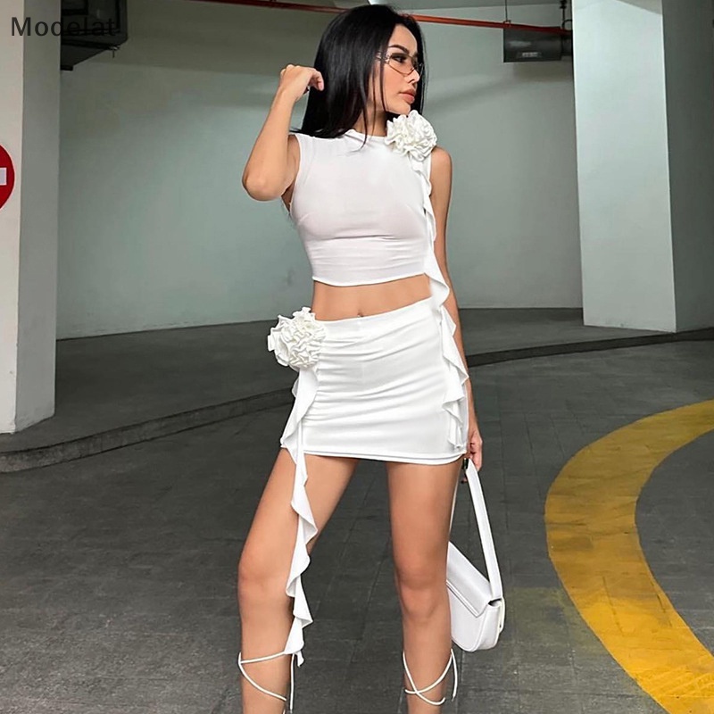 Mfc Bộ Áo Croptop Sát Nách Xếp Ly Phối Chân Váy Ngắn Phong Cách Retro Đường Phố Hàn Quốc Thời Trang Mùa Hè Cho Nữ