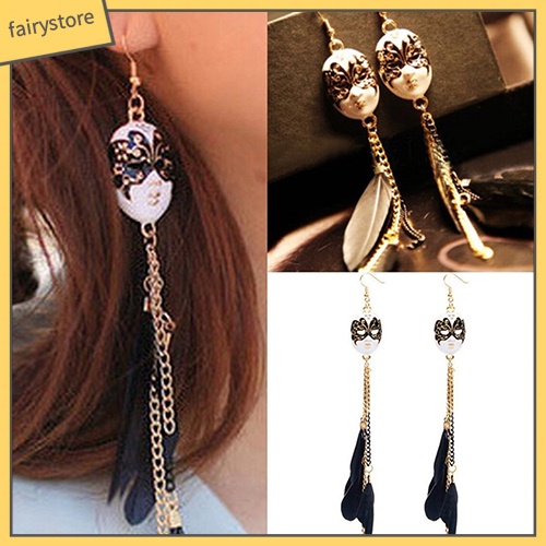 Bông Tai Dài Hình Mặt Nạ Đính Lông Vũ Tua Rua Phong Cách Bohemia Dành Cho Nữ