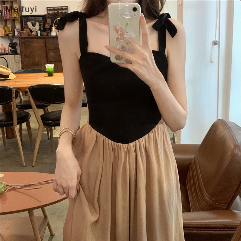 [Meifuyi] Đầm Hai Dây Eo Cao Phong Cách Retro Pháp Thanh Lịch Mùa Hè Dành Cho Nữ