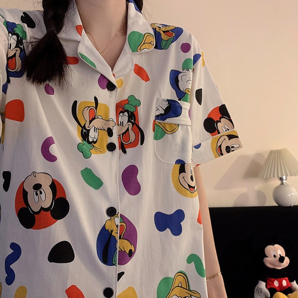 Bộ Đồ Ngủ Tay Ngắn Dáng Rộng In Họa Tiết Hoạt Hình Mickey Dễ Thương Thời Trang Mùa Hè Cho Nữ