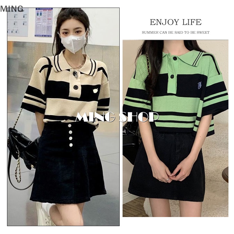 Áo Thun Lửng Dệt Kim Tay Ngắn Dáng Rộng Họa Tiết Kẻ Sọc Thời Trang Mùa Hè Cho Nữ