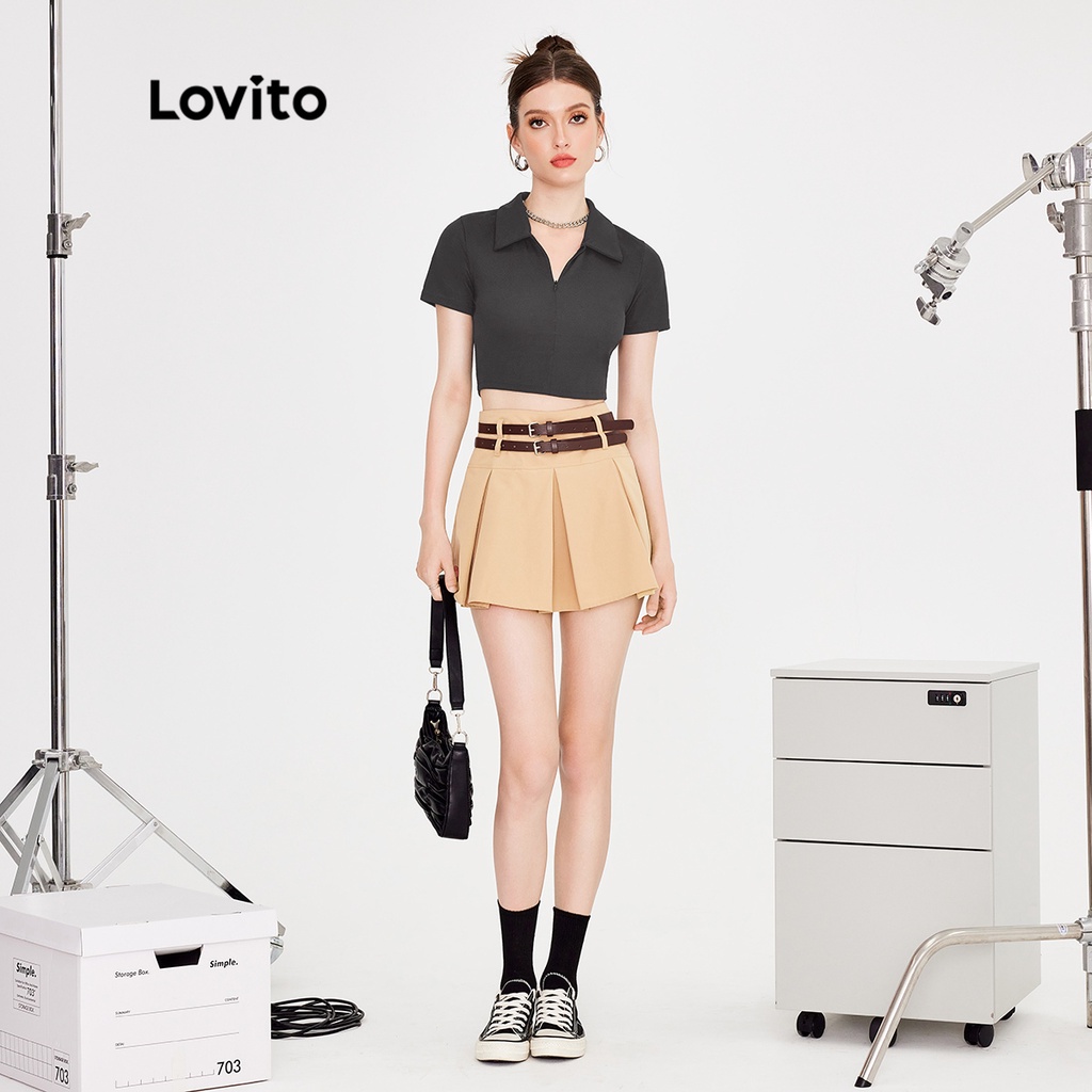 Áo thun Lovito tay ngắn cổ dây kéo màu trơn thường ngày cho nữ L51ED031 (Màu xám đậm)