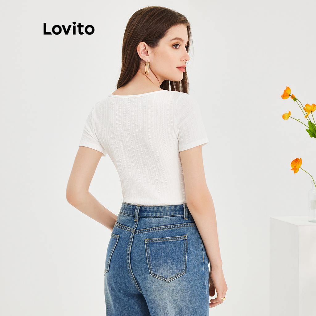 Áo liền quần Lovito tay ngắn cổ tròn dệt họa tiết màu trơn thường ngày cho nữ L51ED016 (Màu trắng)