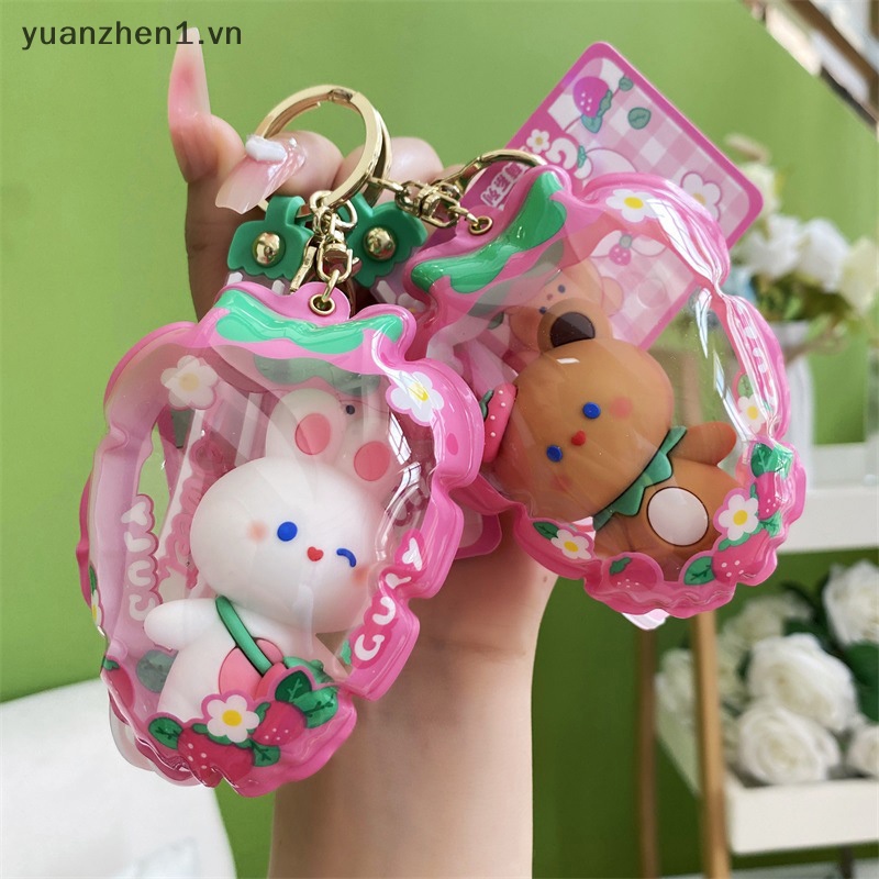 Móc Khóa Bơm Hơi Hình Thỏ Trắng / Dâu Tây Hoạt Hình Dễ Thương