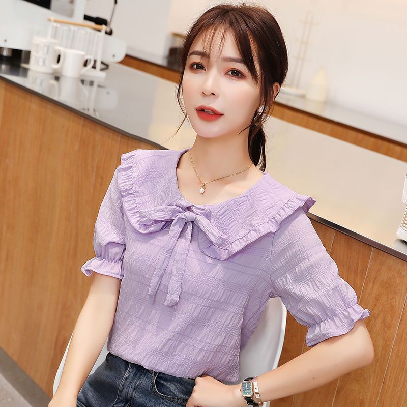Áo Sơ Mi Chiffon Cổ Búp Bê Tay Ngắn Thời Trang Mùa Hè 2023 Mới Cho Nữ