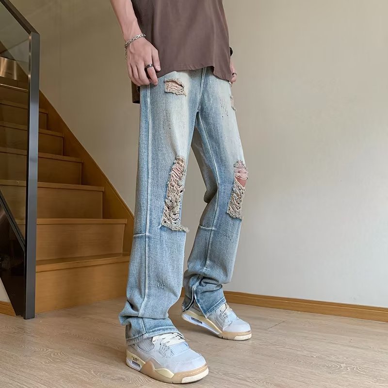 Quần Jean Ống Rộng Rách Gối Phong Cách Đường Phố Mới Cho Nữ
