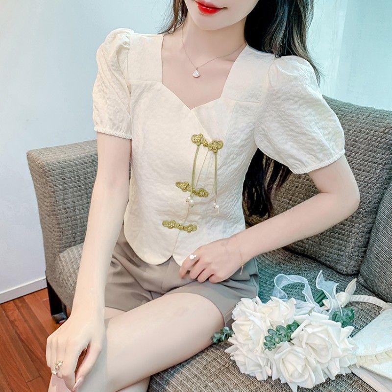 Áo Kiểu Tay Phồng Phối Nút Phong Cách Trung Hoa Thời Trang Mùa Hè 2023