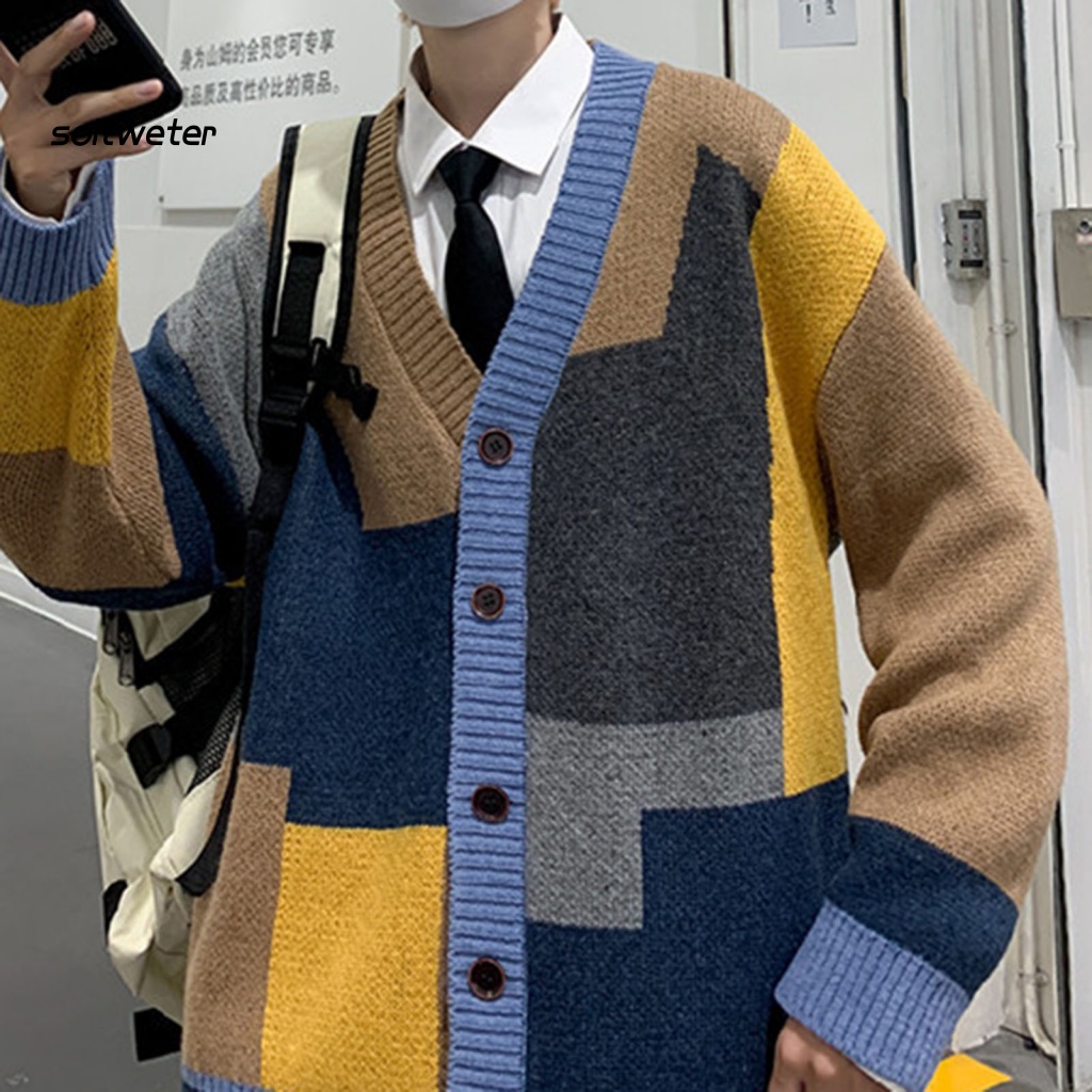 St Áo Khoác Cardigan Mùa Đông Dáng Rộng Tay Dài Chắp Vá Một Hàng Nút Cổ Chữ V Giữ Ấm Dày Dặn Phong Cách Hip Hop Mùa