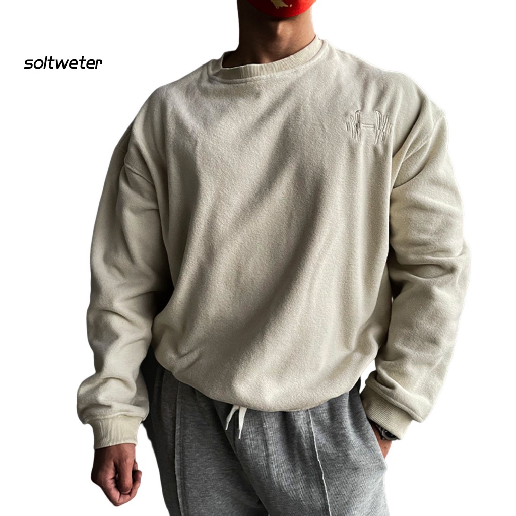 Áo Nỉ Tay Dài Cổ Tròn Dáng Rộng Màu Trơn Thêu Họa Tiết Đơn Giản Plus Size Cho Nam