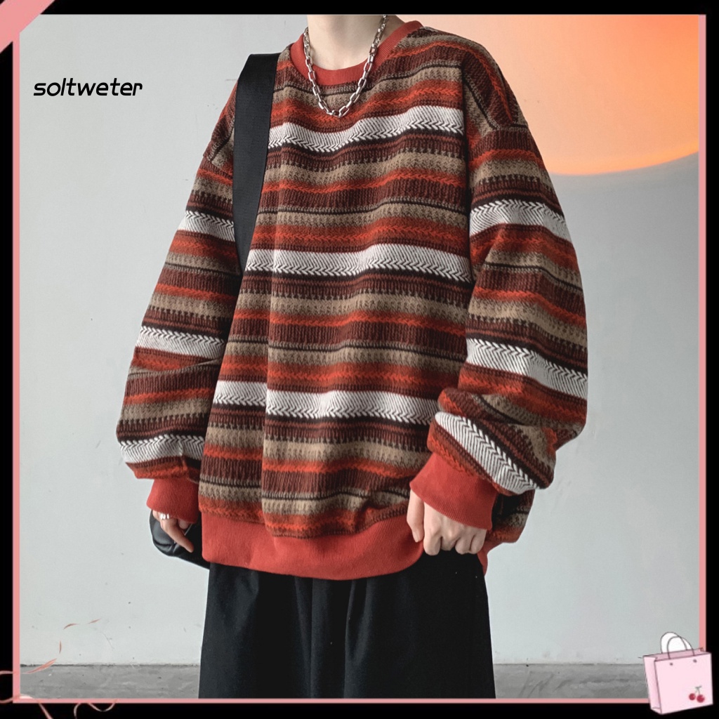 Áo Sweater Mùa Đông Dáng Suông Kẻ Sọc Màu Tương Phản Tay Dài Giữ Ấm Mềm Mại Co Giãn Cổ Tròn Cho Nam Mặc Hàng Ngày