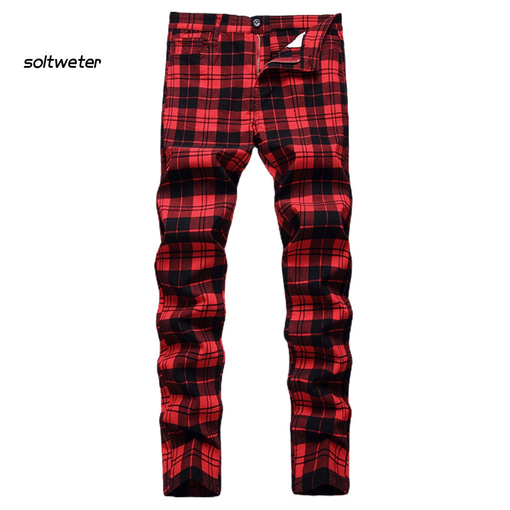 St Quần Tây Dây Kéo Ôm Dáng Mềm Mại In Họa Tiết Kẻ Sọc Caro Đỏ Có Nút Khóa Kéo Dài Toàn Diện Cho Nam