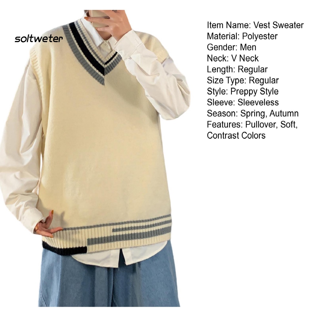 Áo Sweater Sát Nách Cổ Chữ V Dáng Rộng Mềm Mại Co Giãn Phối Màu Cá Tính Cho Nam