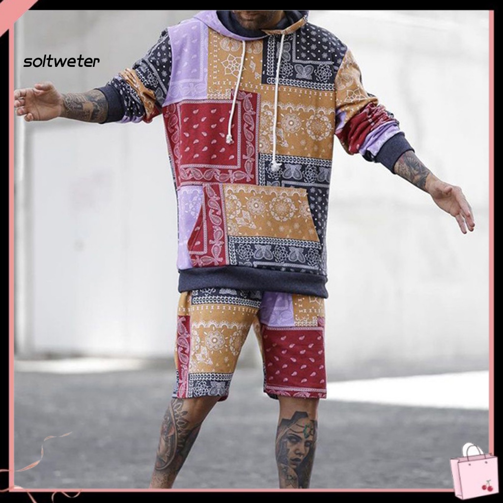 Bộ Áo Hoodie Tay Dài In Họa Tiết Phong Cách Bohemian Kèm Quần Short Lưng Thun Thời Trang Mùa Thu Cho Nữ