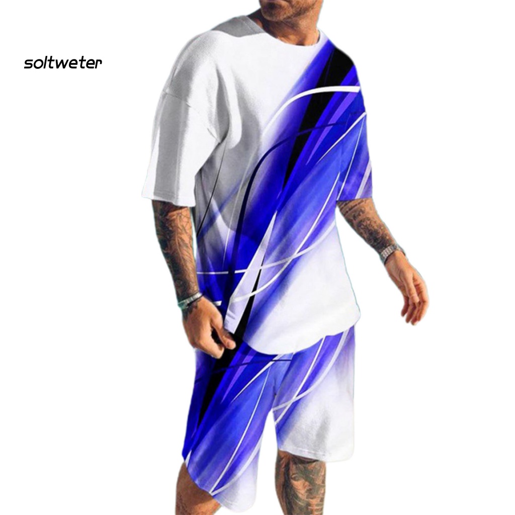 Bộ Trang Phục Thể Thao 2 Mảnh Gồm Áo Thun Tay Ngắn Cổ Tròn + Quần Short Lưng Thun In Họa Tiết 3D Thời Trang Cho Nam