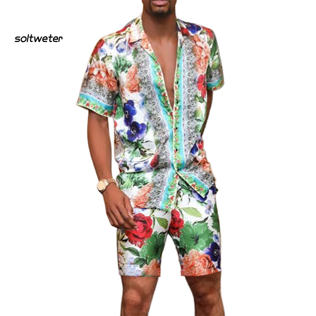 Bộ Trang Phục 2 Mảnh Gồm Áo Sơ Mi Cổ Bẻ In Họa Tiết Nhiều Màu + Quần Short Phong Cách Hawaii Cho Nam