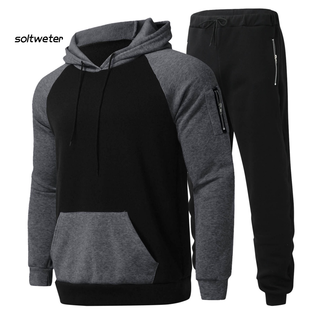 Bộ 2 Món Áo Sweater Tay Dài Có Nón + Dây Rút + Túi Lót Lông Cừu Giữ Ấm Màu Sắc Tương Phản