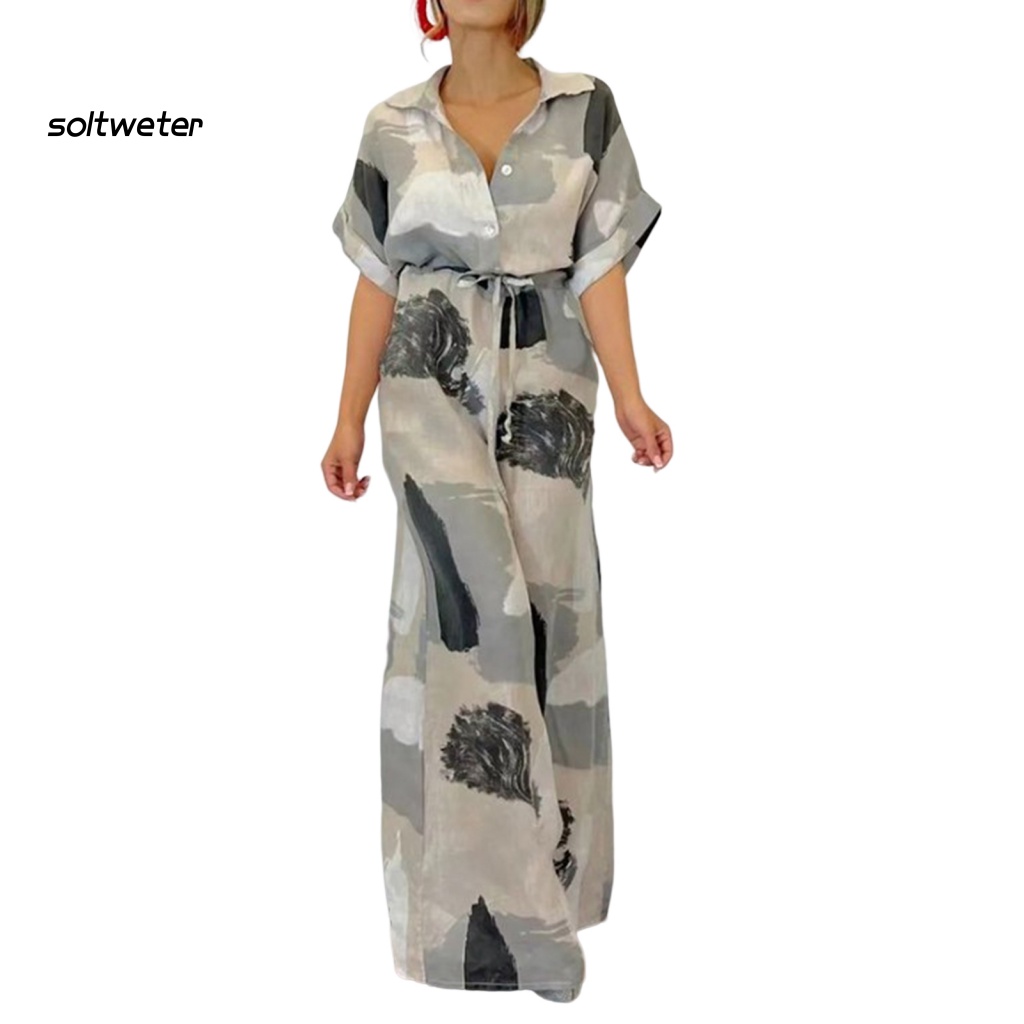 St Áo liền quần Tay Ngắn Cổ Bẻ Cài Nút Họa Tiết Nghệ Thuật Màu Sắc Tương Phản Dáng Rộng Thời Trang Cho Nữ