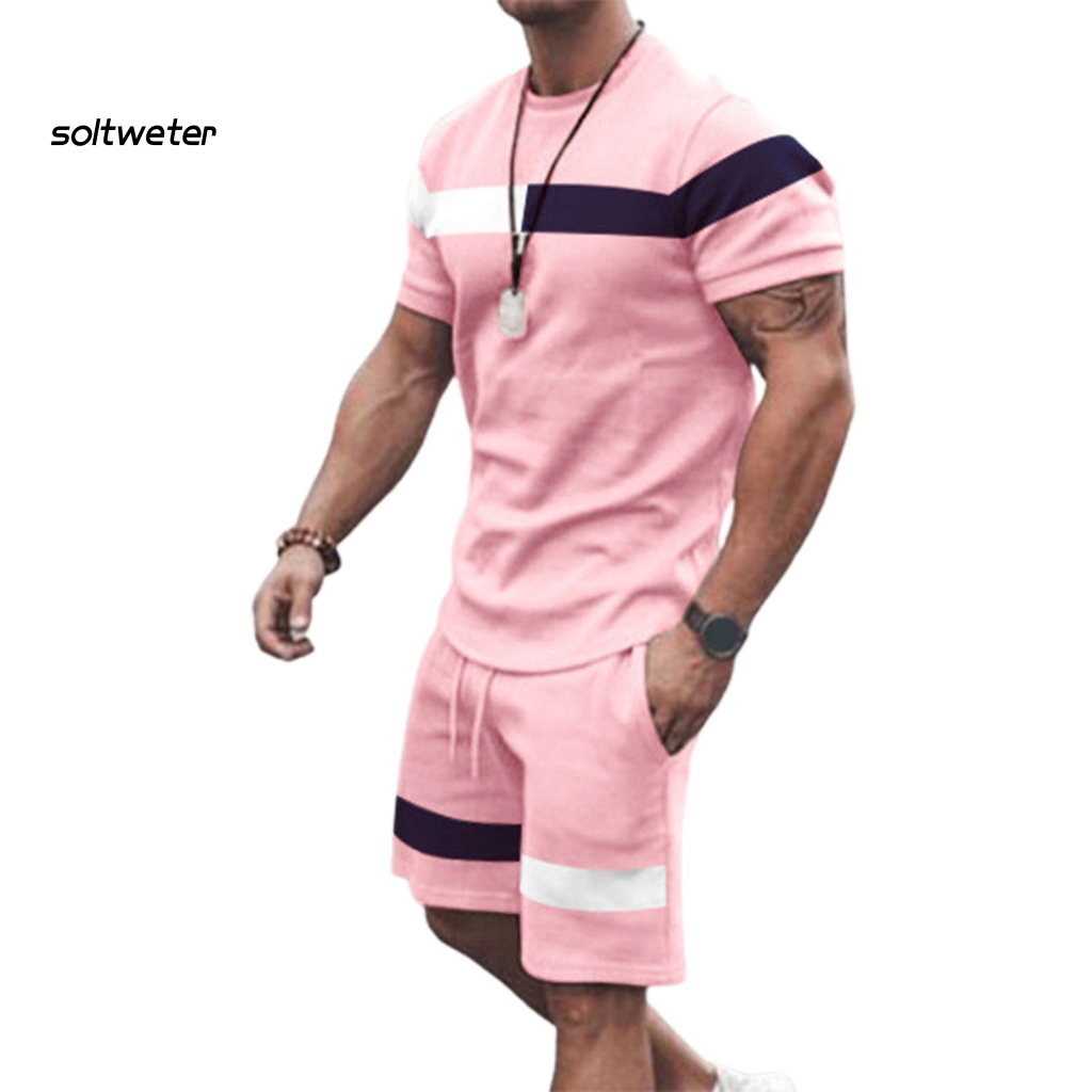 Bộ Đồ Thể Thao 2 Món Áo Thun Cổ Tròn Phối Quần Short Lưng Thun Màu Sắc Tương Phản Thời Trang Mùa Hè Cho Nam