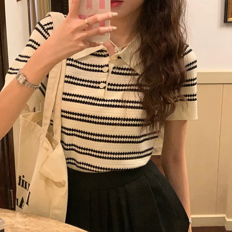 Áo Thun Polo Dệt Kim Tay Ngắn Họa Tiết Kẻ Sọc Thời Trang Mùa Hè Phong Cách Hàn Quốc Mới Cho Nữ