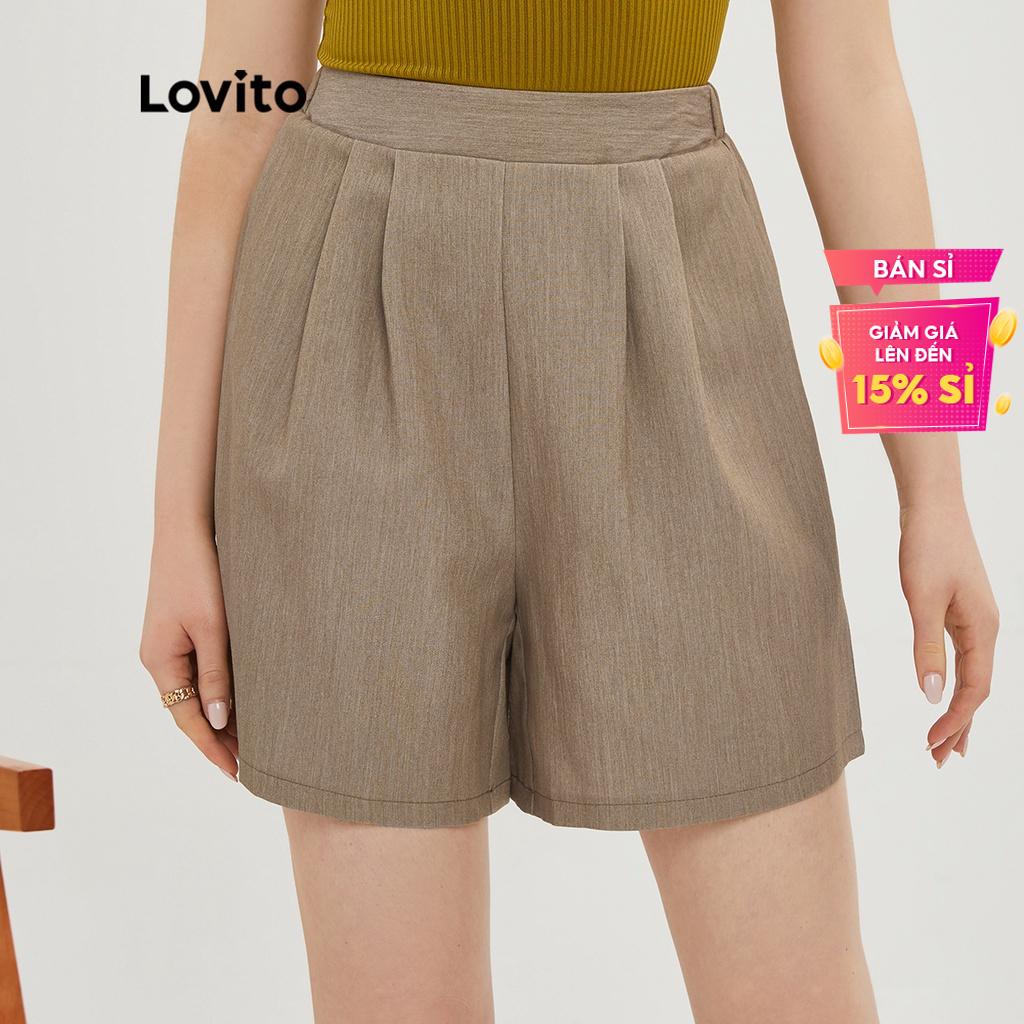 Lovito Quần short lưng thun trơn xếp ly cổ điển L20D258 (Kaki)