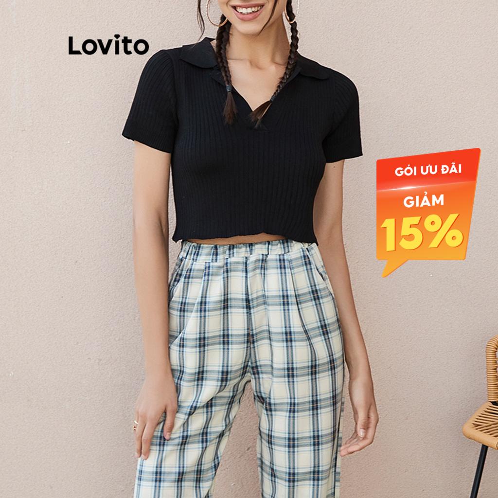 Áo croptop Lovito có cổ thời trang L02083 (Màu đen)