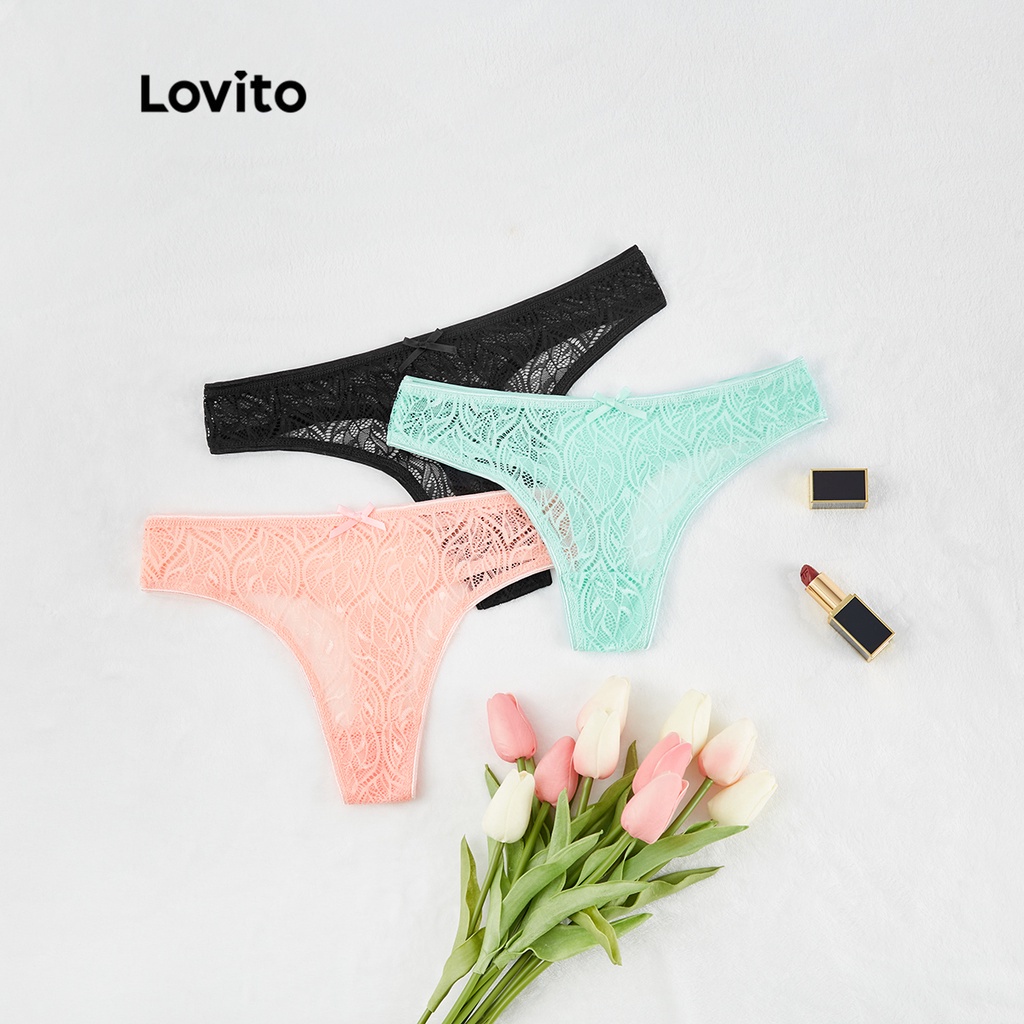 Lovito quần lót ren không co giãn L00107 (đen / xanh lá / hồng nhạt)